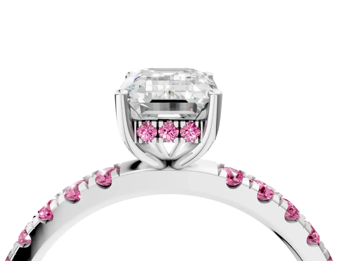 Emerald Cut Diamond Pave Band Solitaire Ring with Round Pink Sapphire and Prong Setting Platinum