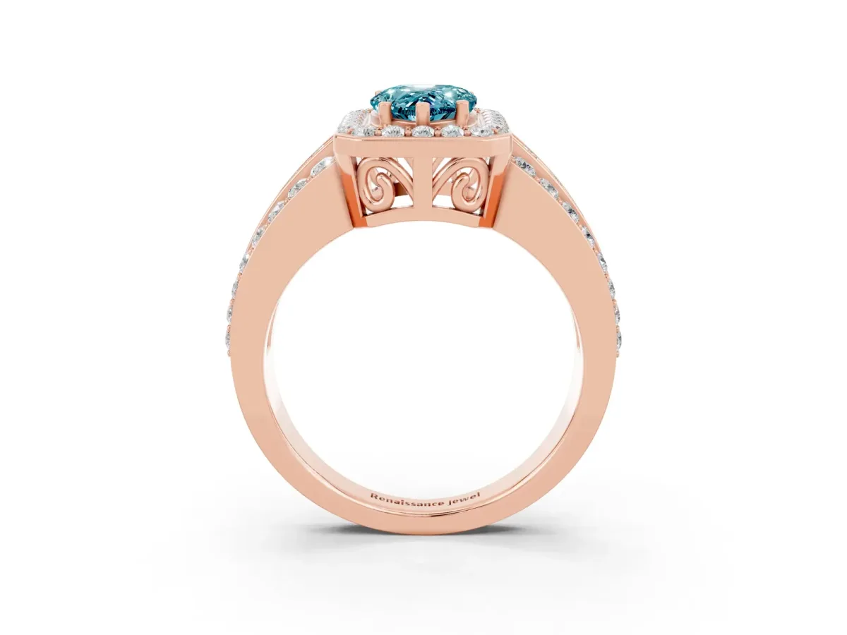Pear Cut Halo Blue Topaz Ring with Round Split Shank and Prong Setting Rose gold