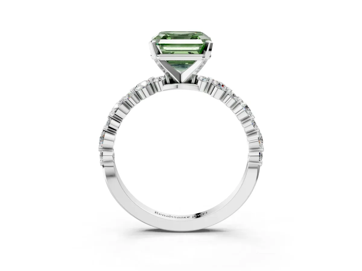 Fancy Green Asscher Cut Diamond Prong Set Engagement Ring with Pavé Band Platinum