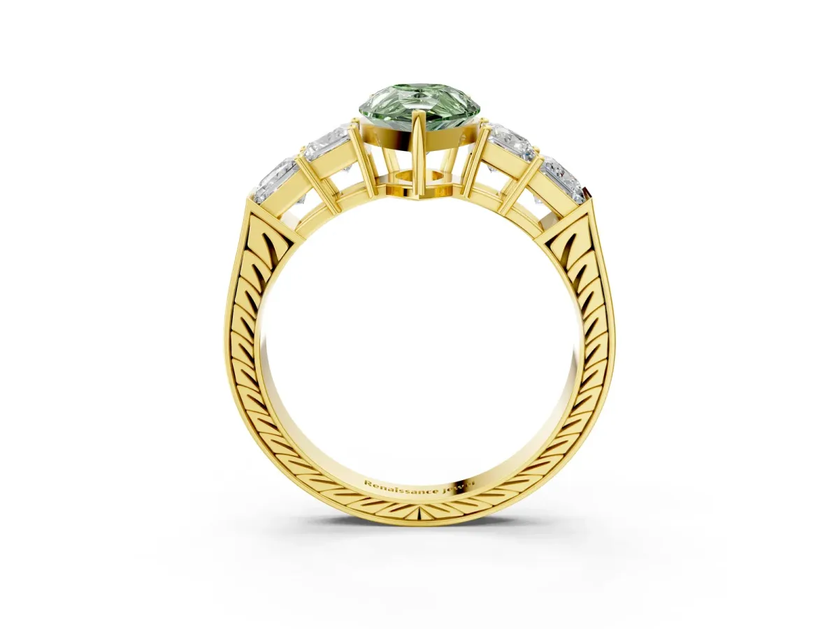 Fancy Green Pear Cut Solitaire Princess Side Stone Engraved Band Prong Setting Ring Yellow gold