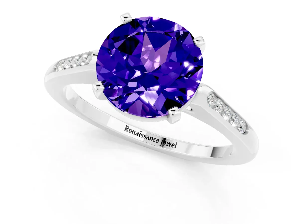 Round Cut Tanzanite Solitaire Ring with Channel Set Round Band and Prong Setting Platinum