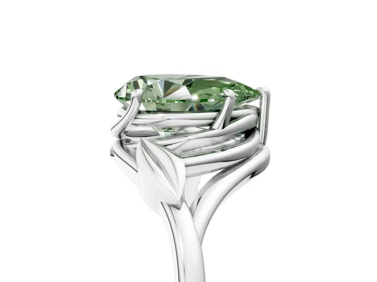 Fancy Green Pear Cut Diamond Solitaire Ring with Twist Band and Four-Prong Setting Platinum