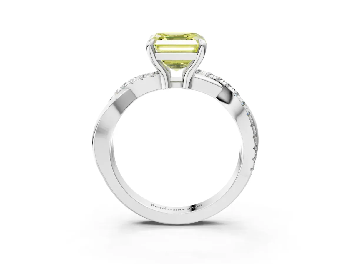 Fancy Yellow Asscher Cut Cut Twist Band Solitaire Diamond Ring with Pavé Setting Platinum
