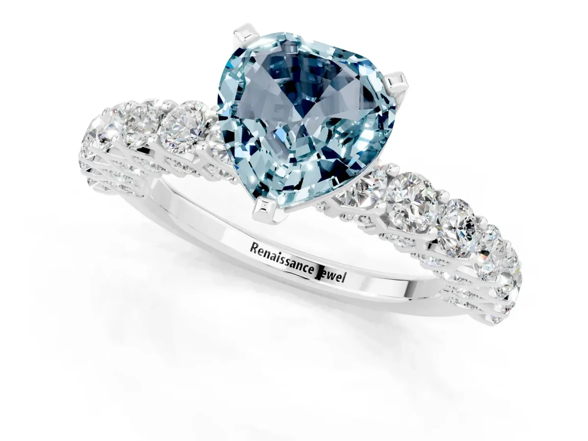 Heart Cut Aquamarine Solitaire Ring with Shared Prong Pavé Band and Four-Prong Setting Silver