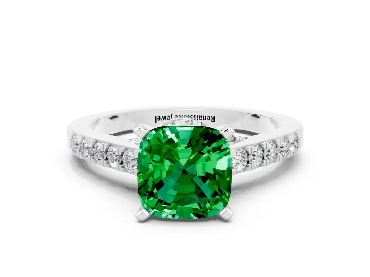 Cushion Cut Emerald Solitaire Ring with Crossover Gallery and Round Pavé Band Silver