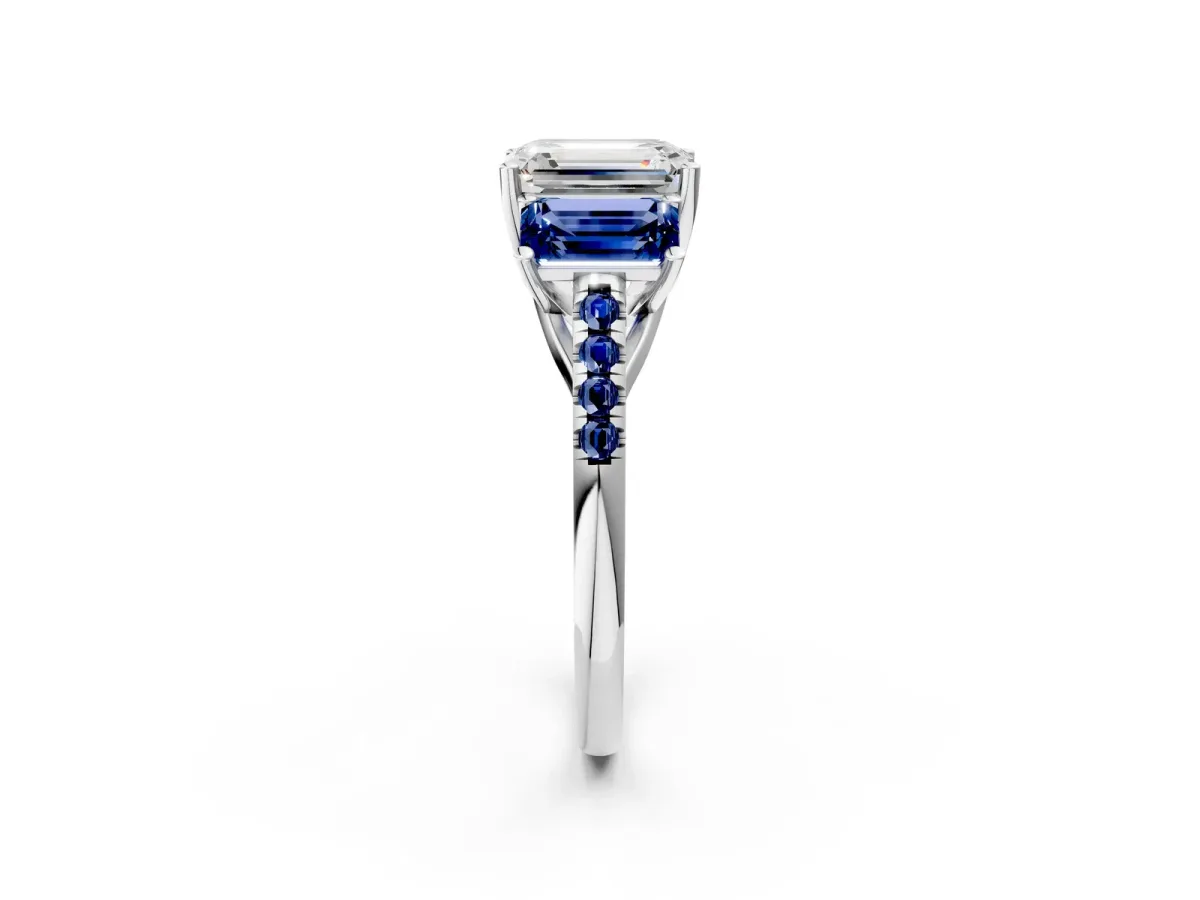 Three-Stone Emerald Cut Diamond Ring with Round Blue Sapphire Pavé Band and Prong Setting Silver