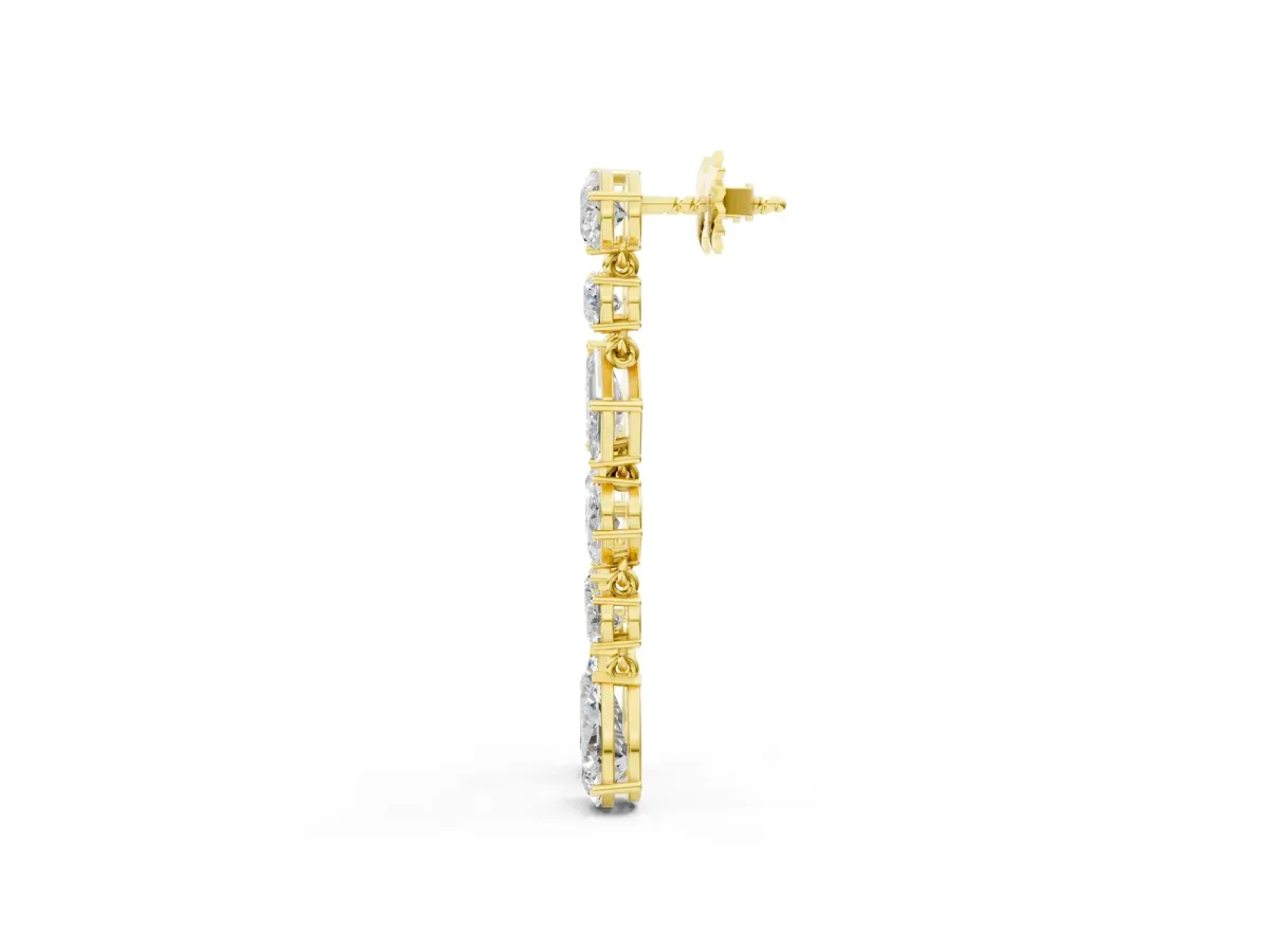 Pear, Oval, Emerald and Round Diamond Waterfall Drop Earrings Yellow gold