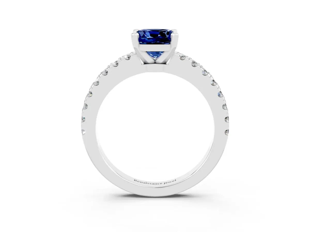 Cushion Cut Solitaire Blue Sapphire with Pavé Band and Four-Prong Setting Silver