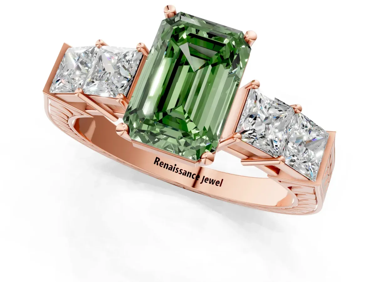 Fancy Green Emerald Cut Solitaire Princess Side Stone Engraved Band Prong Setting Ring Rose gold