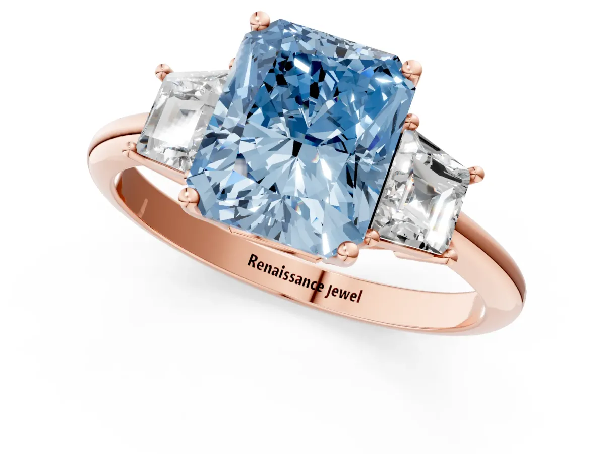Fancy Blue Radiant Cut Diamond Three-Stone Ring with Trapezoid Side Stones and Prong Setting Rose gold