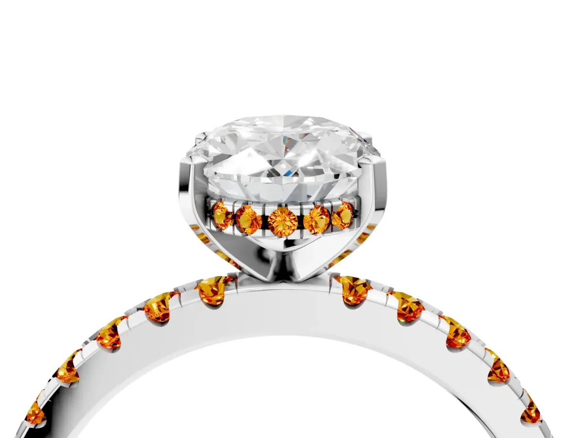 Oval Cut Diamond Solitaire Ring with Round Citrine Pavé Band and Four-Prong Setting Silver