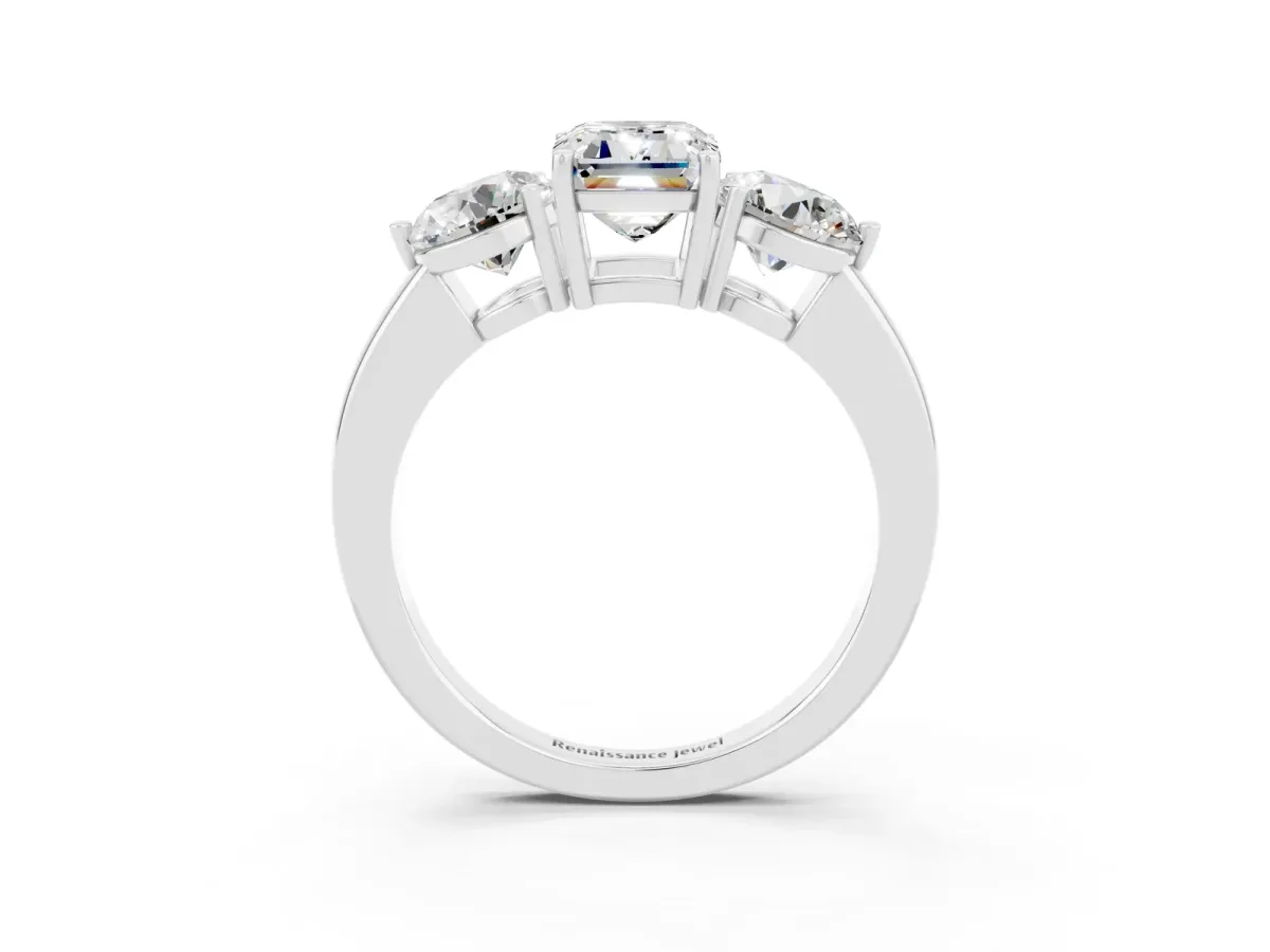 Emerald Cut Moissanite Three-Stone Ring with Prong Setting and Classic Band White gold