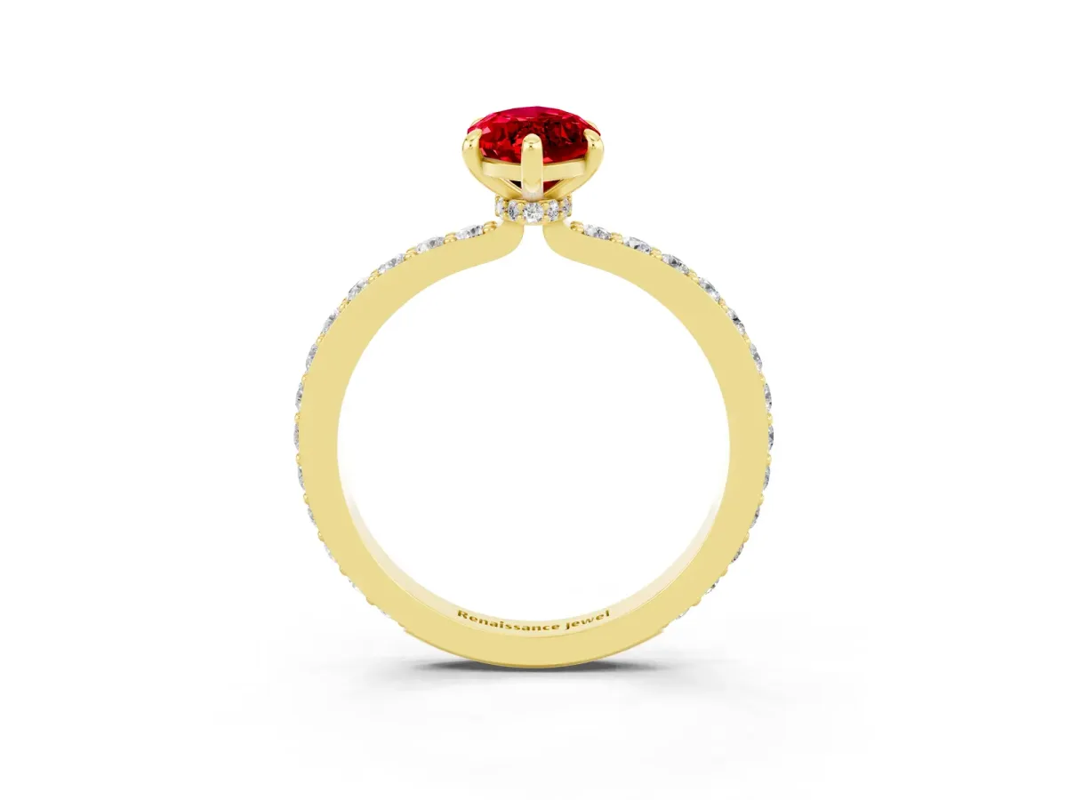 Marquise Cut Ruby Solitaire Engagement Ring with Pavé Band and Four-Prong Setting Yellow gold