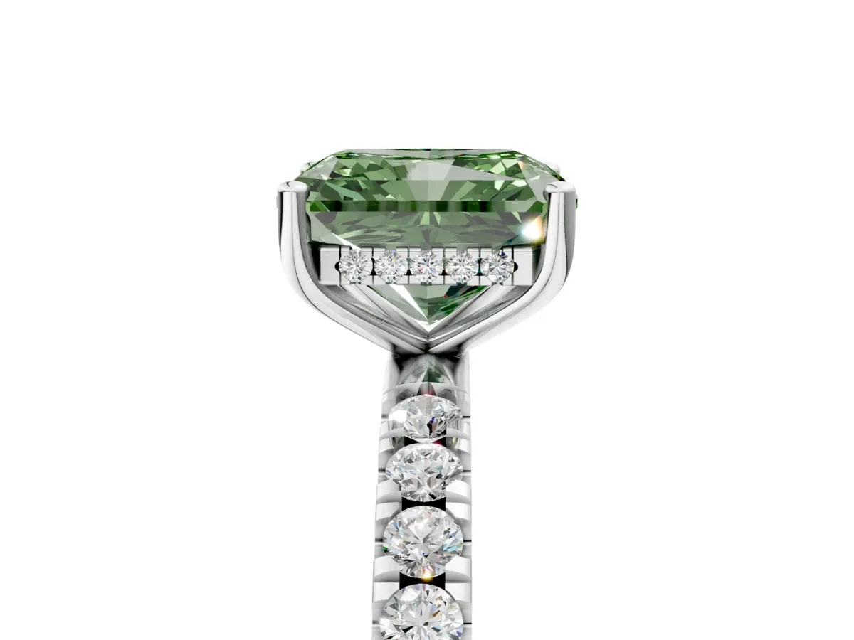 Fancy Green Radiant Cut Diamond Pave Band Solitaire Ring with Round and Prong Setting Silver