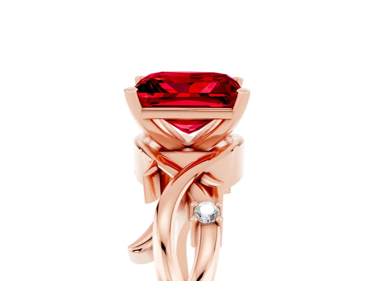 Princess Cut Ruby Solitaire Ring with Twisted Band and Prong Setting Rose gold