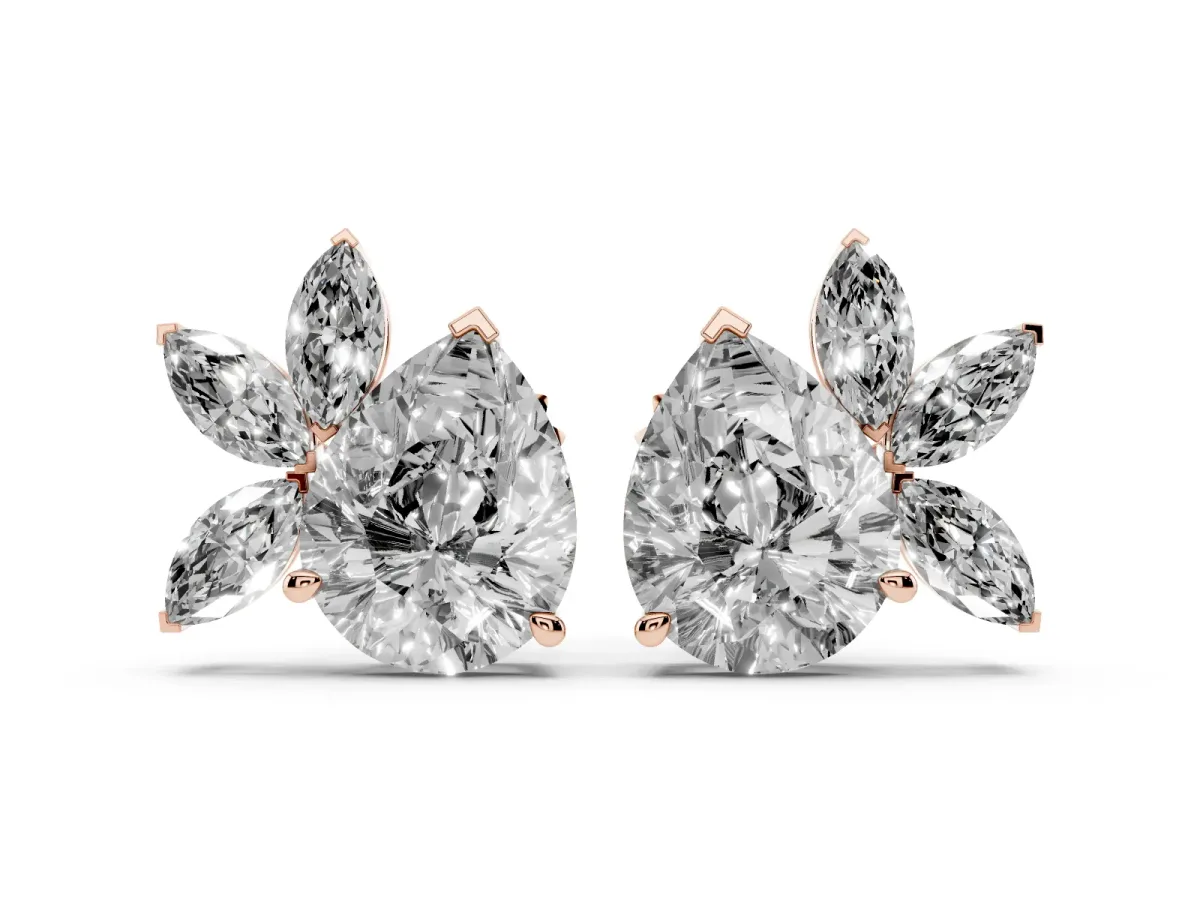Pear Diamond Fan Stud Earrings with Marquise Lab Grown Diamond Accents Rose gold