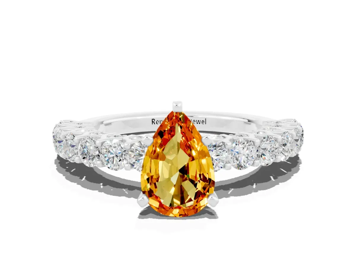Pear Cut Citrine Solitaire Ring with Shared Prong Pavé Band and Four-Prong Setting Silver