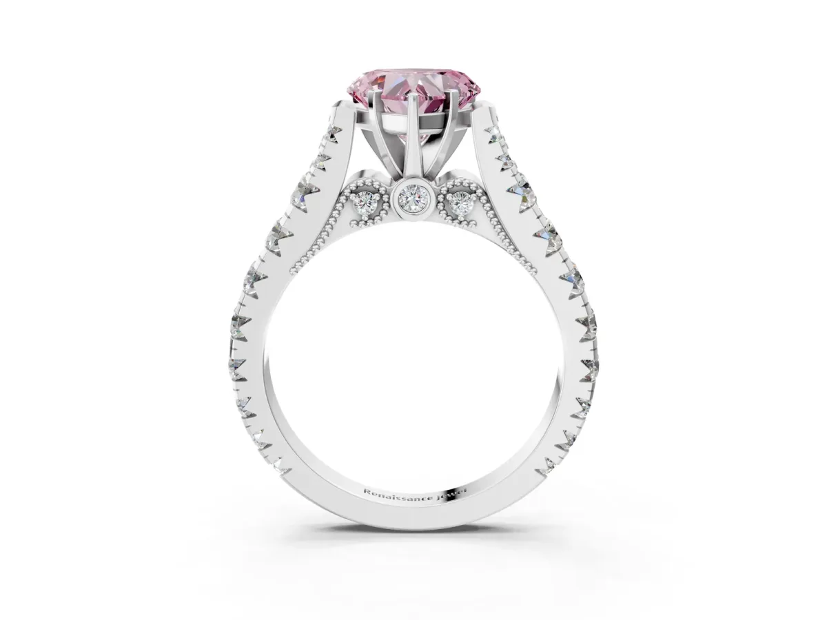 Fancy Pink Heart Cut Diamond Classic Solitaire Ring with Pavé Band and Four-Prong Setting Silver