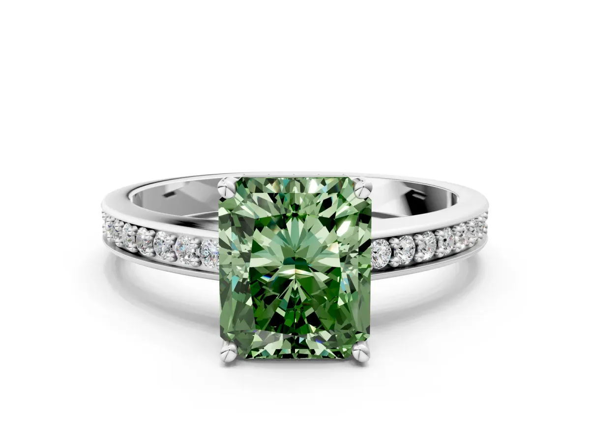 Fancy Green Radiant Cut Solitaire Pavé Band Prong Setting Ring Platinum