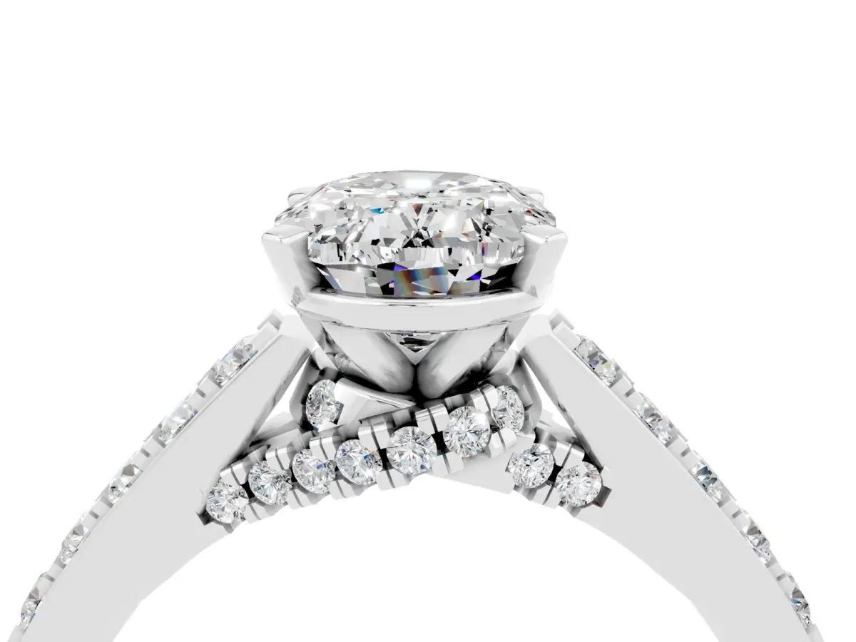Oval Cut Moissanite Solitaire Ring with Crossover Gallery and Round Pavé Band Silver