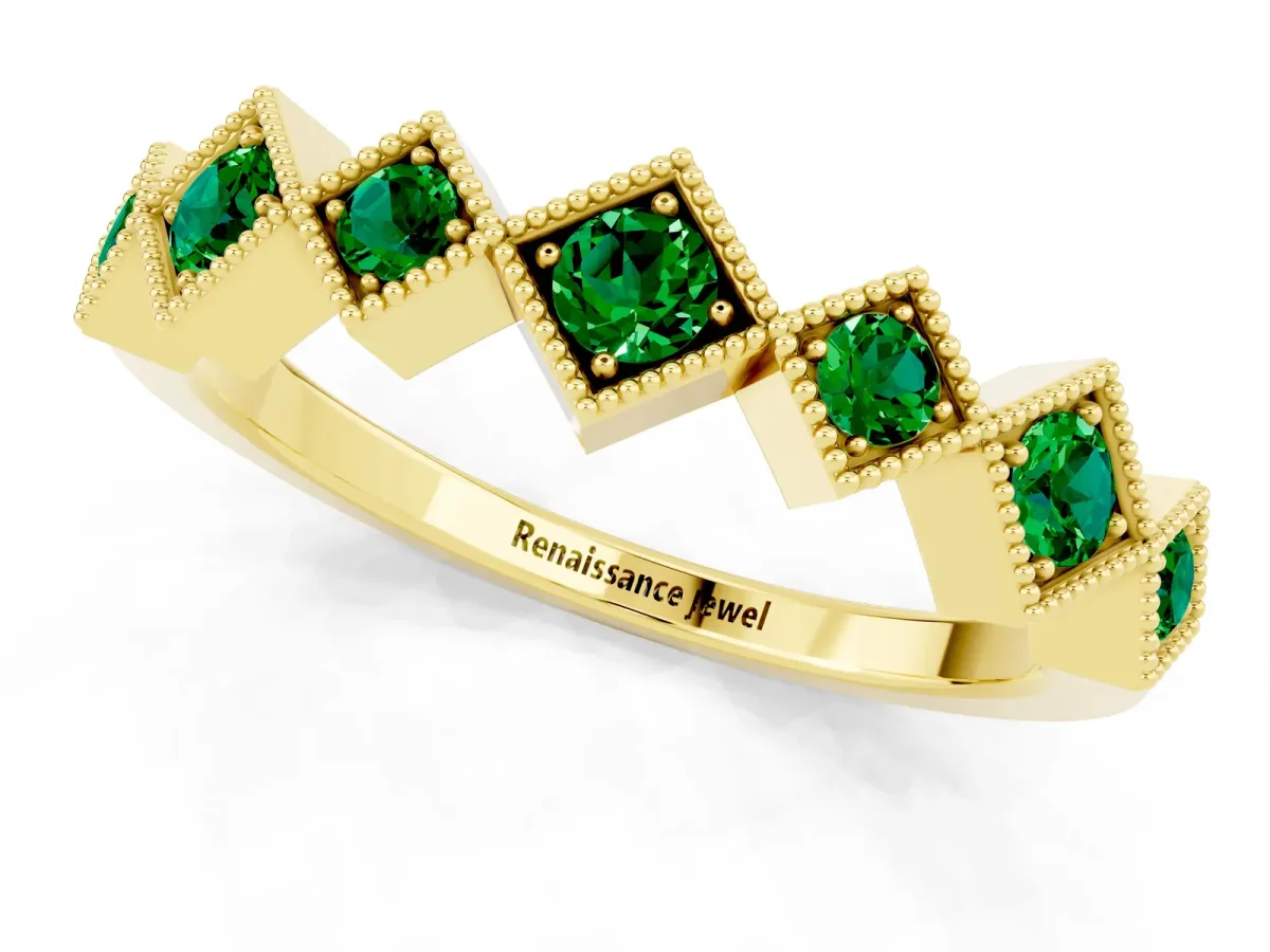Milgrain Square Bezel Round Emerald Chevron Band Yellow gold