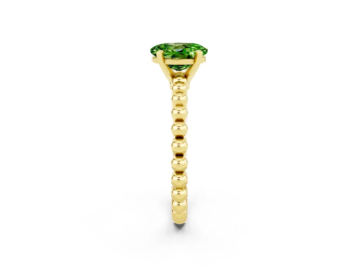Oval Cut Peridot Solitaire Ring with Beaded Band and Prong Setting Yellow gold