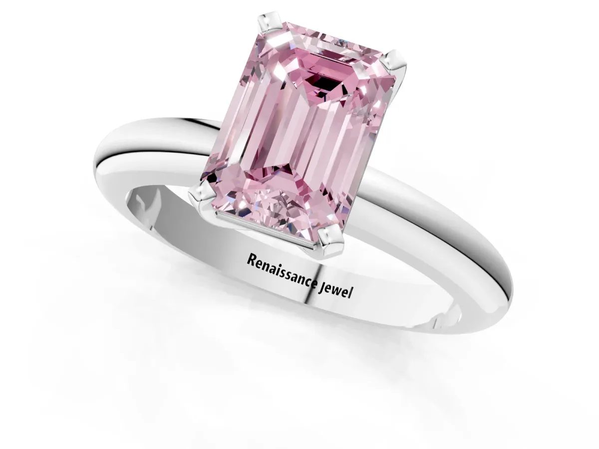 Fancy Pink Emerald Cut Diamond Solitaire Engagement Ring with Round Band and Four-Prong Setting Silver