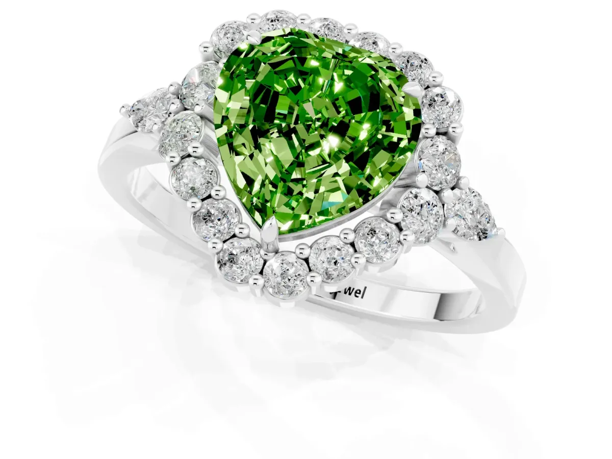 Heart Cut Peridot Halo Ring with Pear Side Stones and Prong Setting Silver