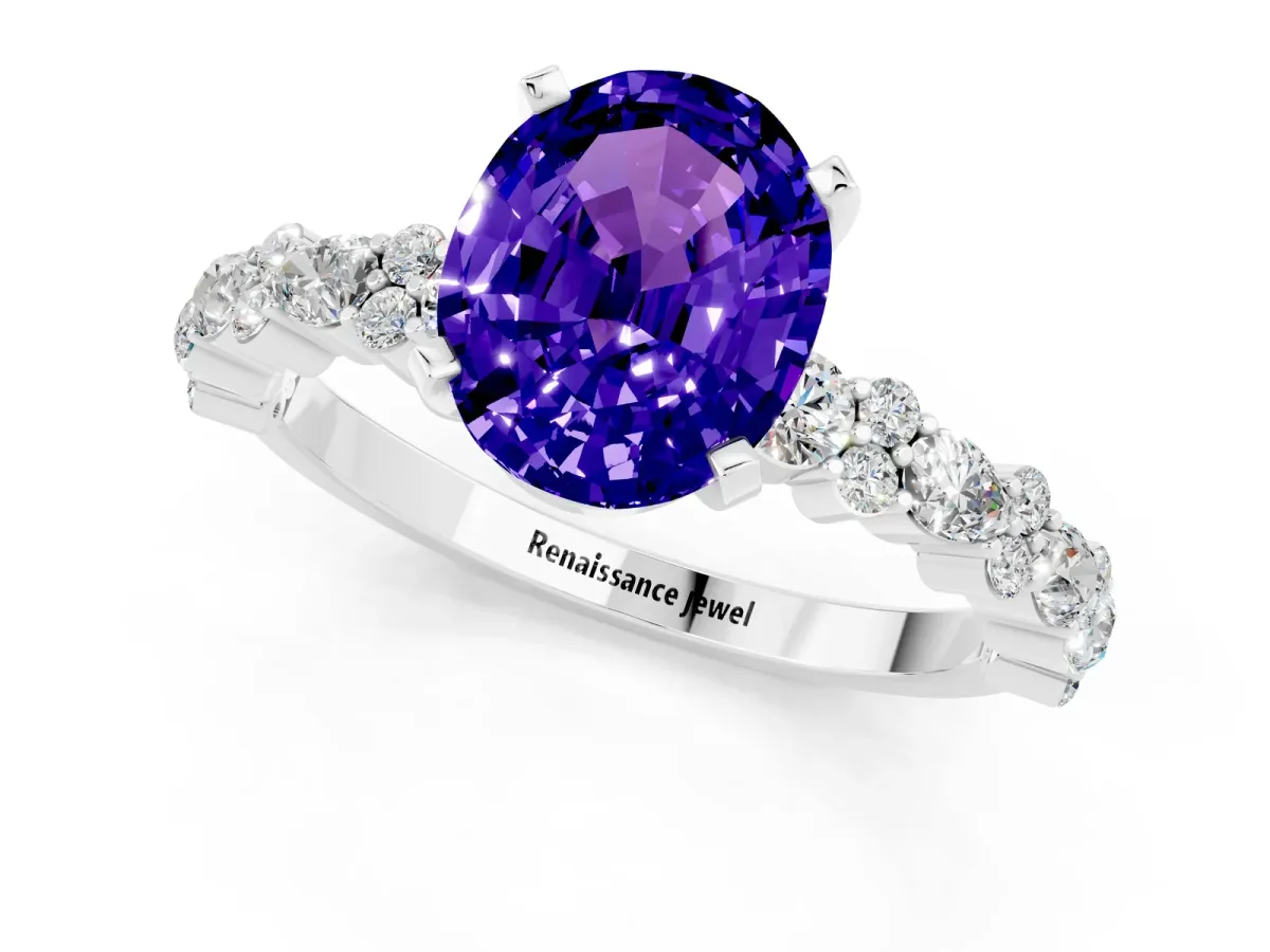 Oval Cut Tanzanite Side Stone Solitaire Ring with Round and Four-Prong Setting White gold