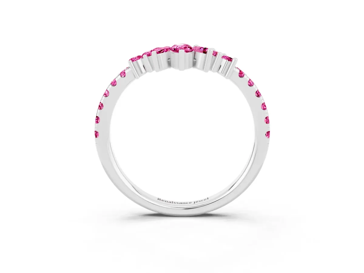 Chevron Marquise and Round Pink Sapphire Open Band with Prong Setting Silver