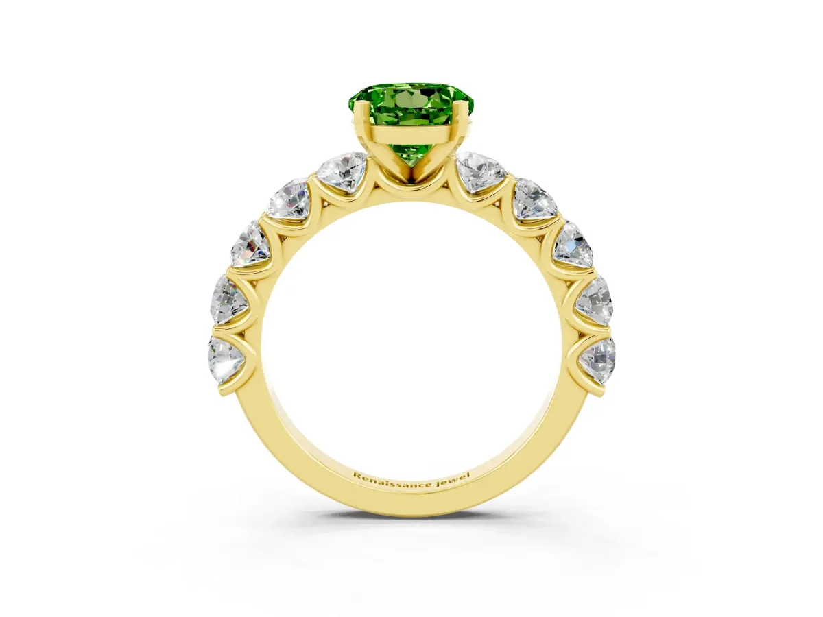 Round Cut Peridot Prong Setting with Side Stones on a Pave Band Yellow gold