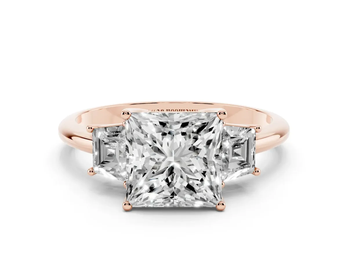 Princess Cut Diamond Three-Stone Ring with Trapezoid Side Stones and Prong Setting Rose gold