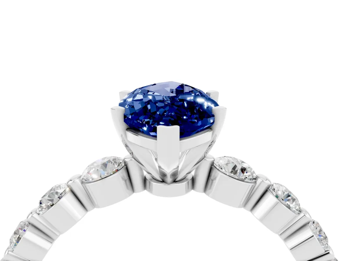 Marquise Cut Solitaire Blue Sapphire Ring with Pave Band and Four-Prong Setting Silver