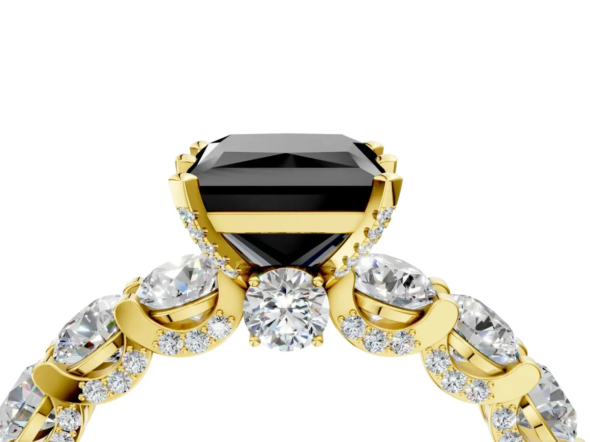 Fancy Black Princess Cut Diamond Side Stone Engagement Ring with Four-Prong Setting Yellow gold