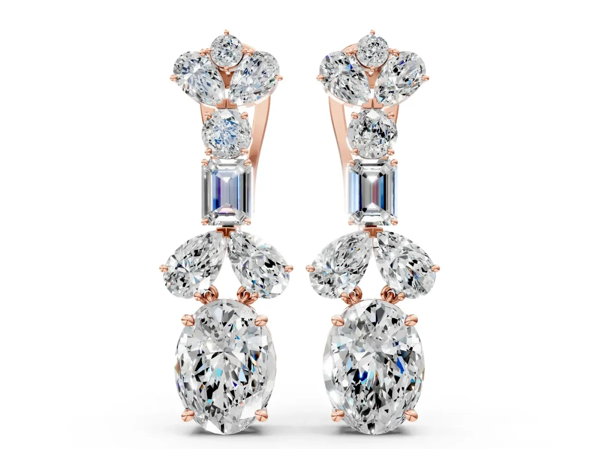 Pear, Baguette and Oval Diamond Monaco Drop Earrings Rose gold