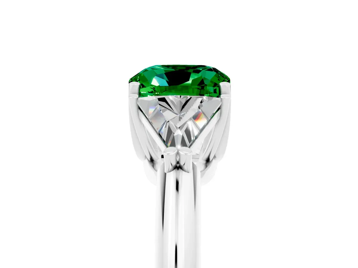 Three-Stone Cushion Cut Emerald Engagement Ring with Trillion Side Stones and Prong Setting White gold