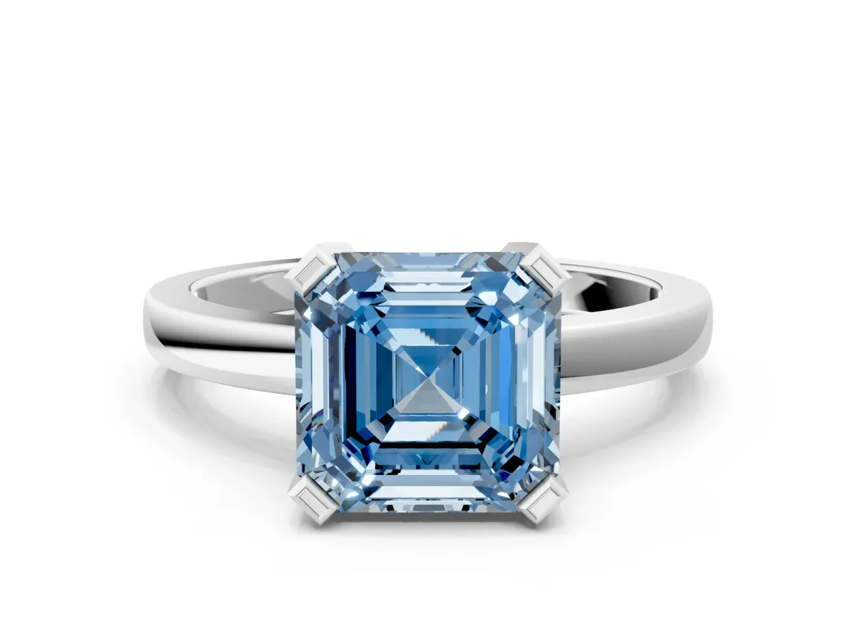 Fancy Blue Asscher Cut Cut Solitaire Ring with Four-Prong Setting and Classic Band Platinum
