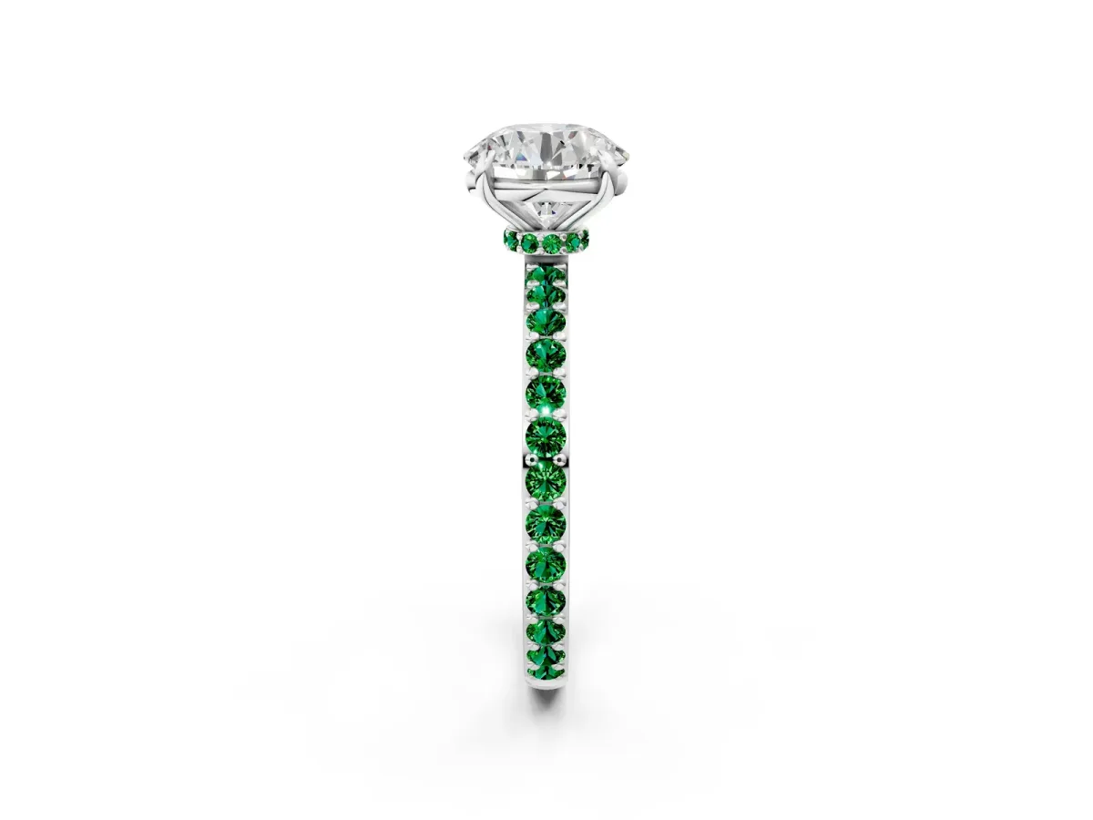 Round Cut Diamond Pavé Engagement Ring with Round Emerald Accents and Prong Setting Silver