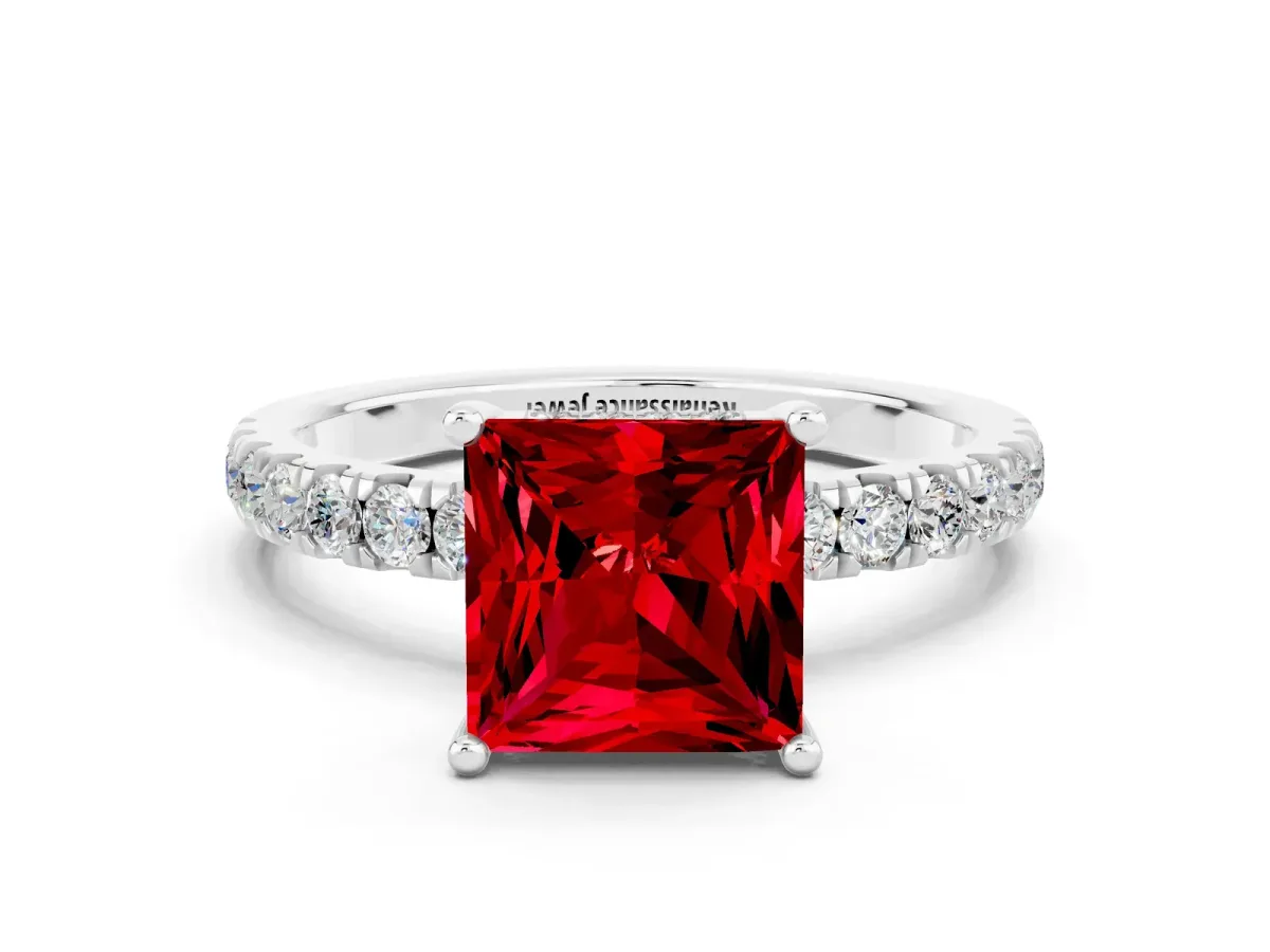 Princess Cut Ruby Pave Band Solitaire Ring with Round and Prong Setting Platinum