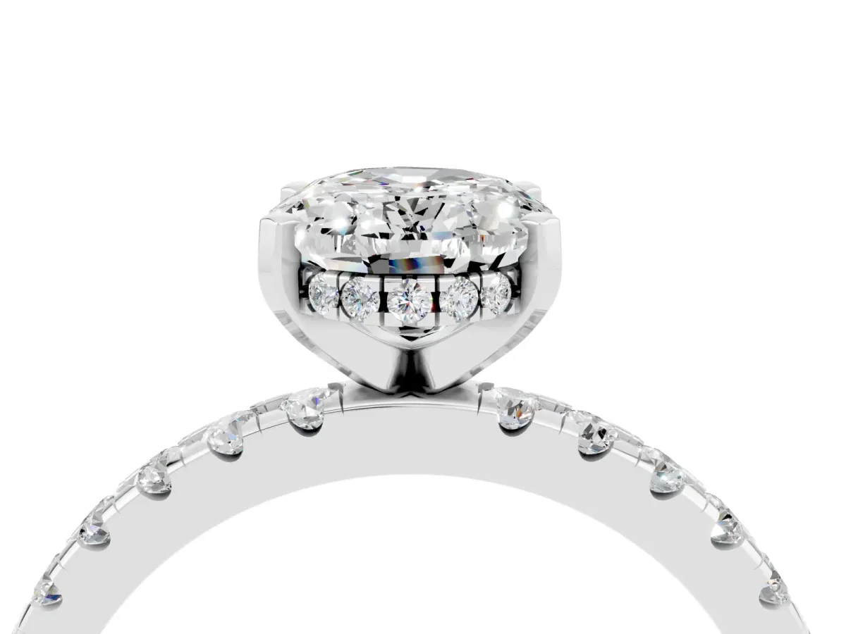 Oval Cut Moissanite Solitaire Ring with Round Pavé Band and Four-Prong Setting Silver