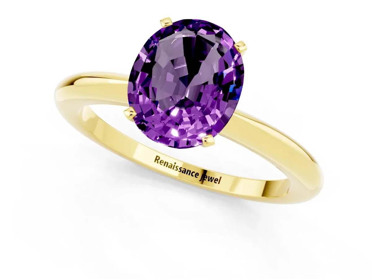 Oval Cut Amethyst Solitaire Ring with Six-Prong Setting and Classic Band Yellow gold