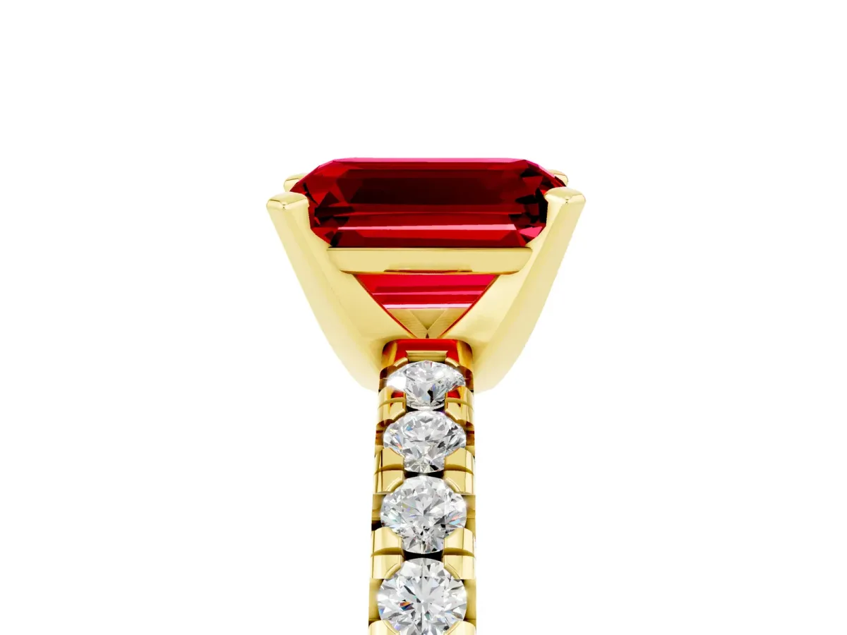 Emerald Cut Ruby Solitaire Pavé Engagement Ring with Round Band and Prong Setting Yellow gold