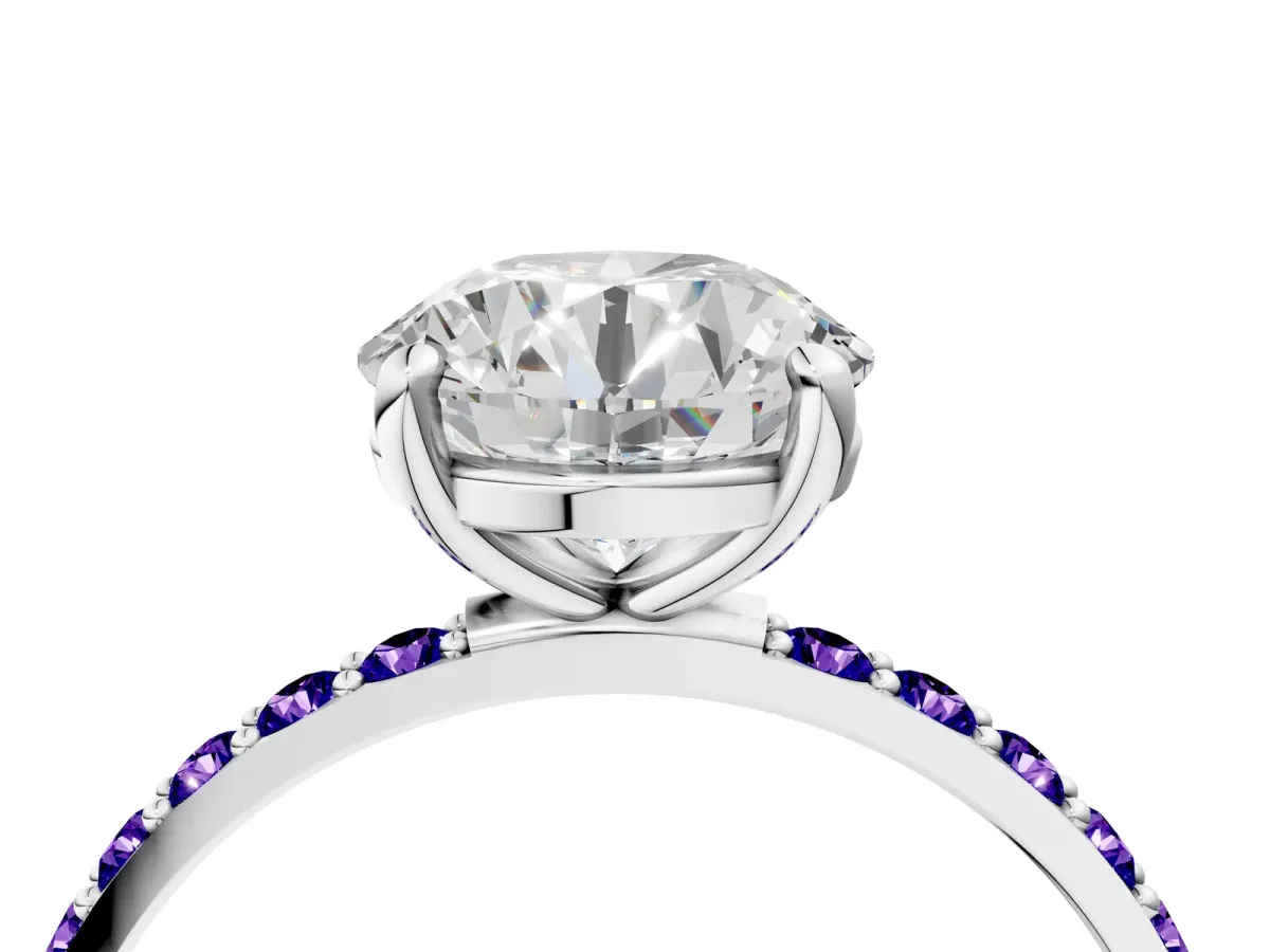 Round Cut Diamond Solitaire Ring with Round Tanzanite Pavé Band and Prong Setting Silver