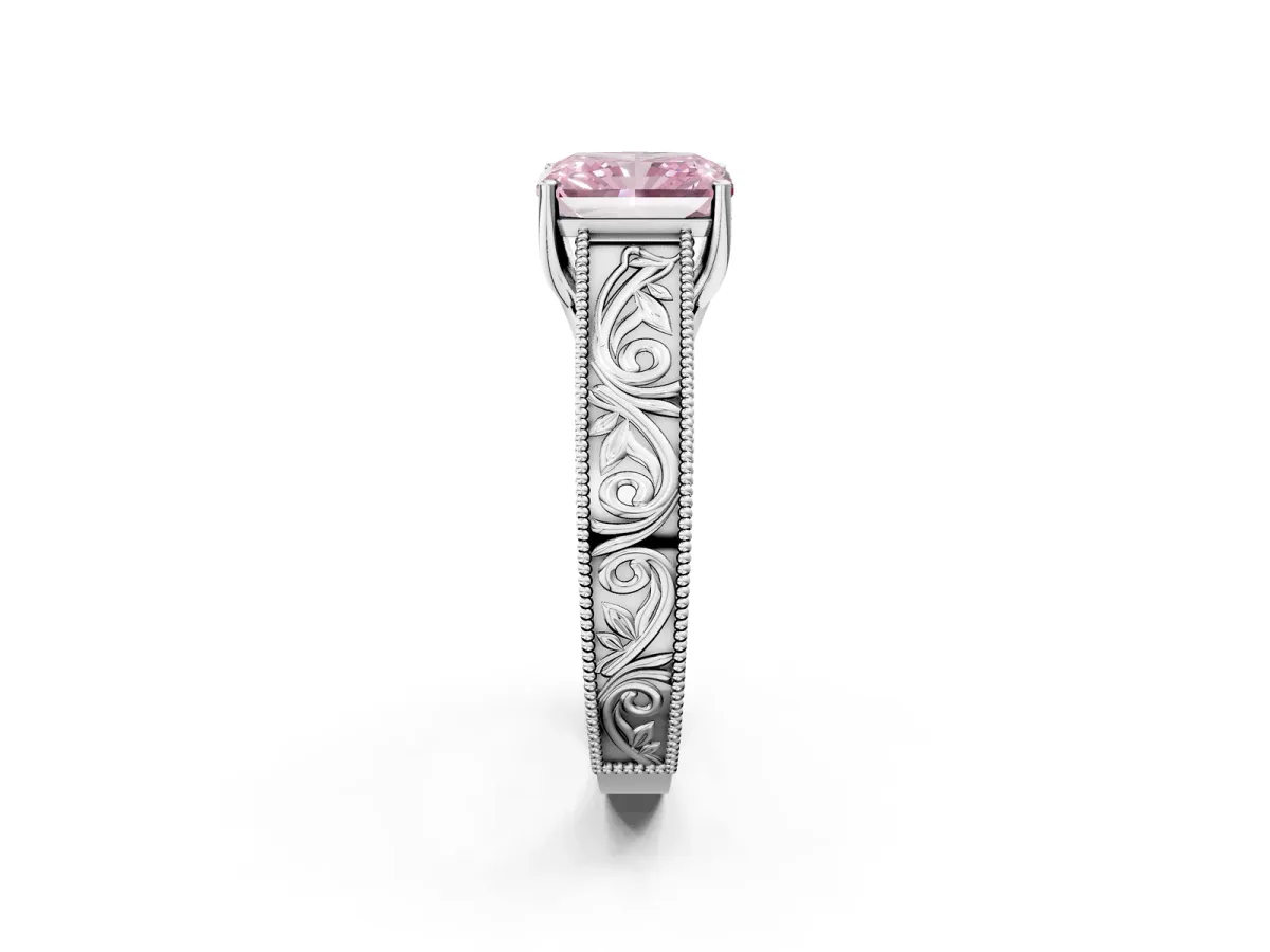 Fancy Pink Radiant Cut Diamond Solitaire Ring with Engraved Band and Four-Prong Setting Platinum