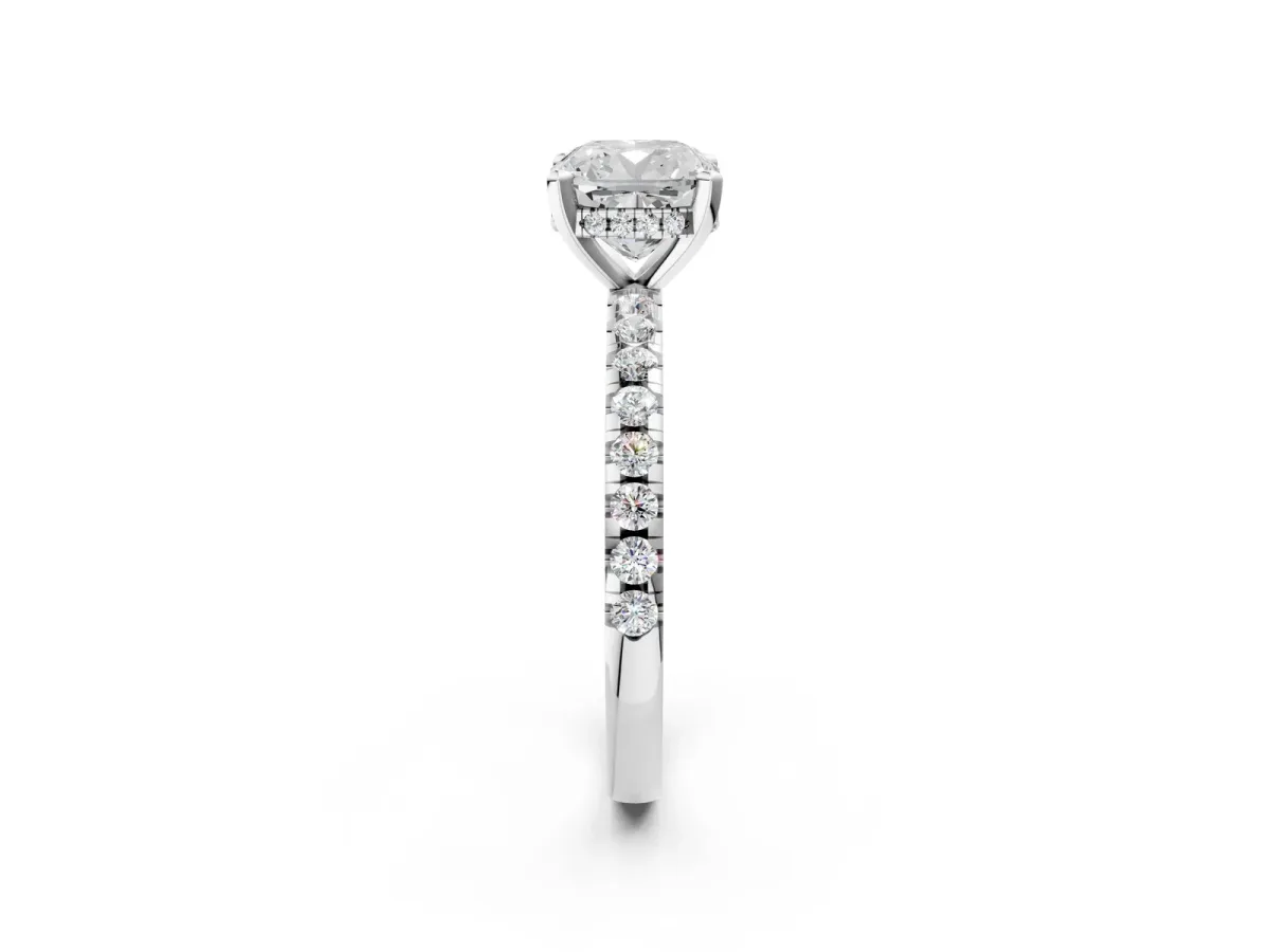 Cushion Cut Diamond Solitaire Ring with Round Pavé Band and Four-Prong Setting Silver