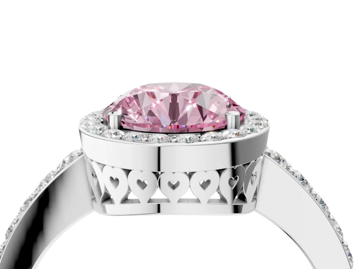 Fancy Pink Round Cut Halo Diamond Pavé Band Ring with Prong Setting Platinum