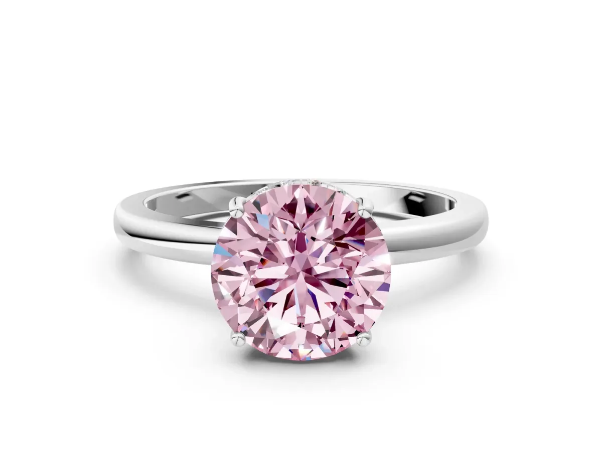 Fancy Pink Round Cut Solitaire Diamond Ring with Prong Setting and Plain Band Platinum