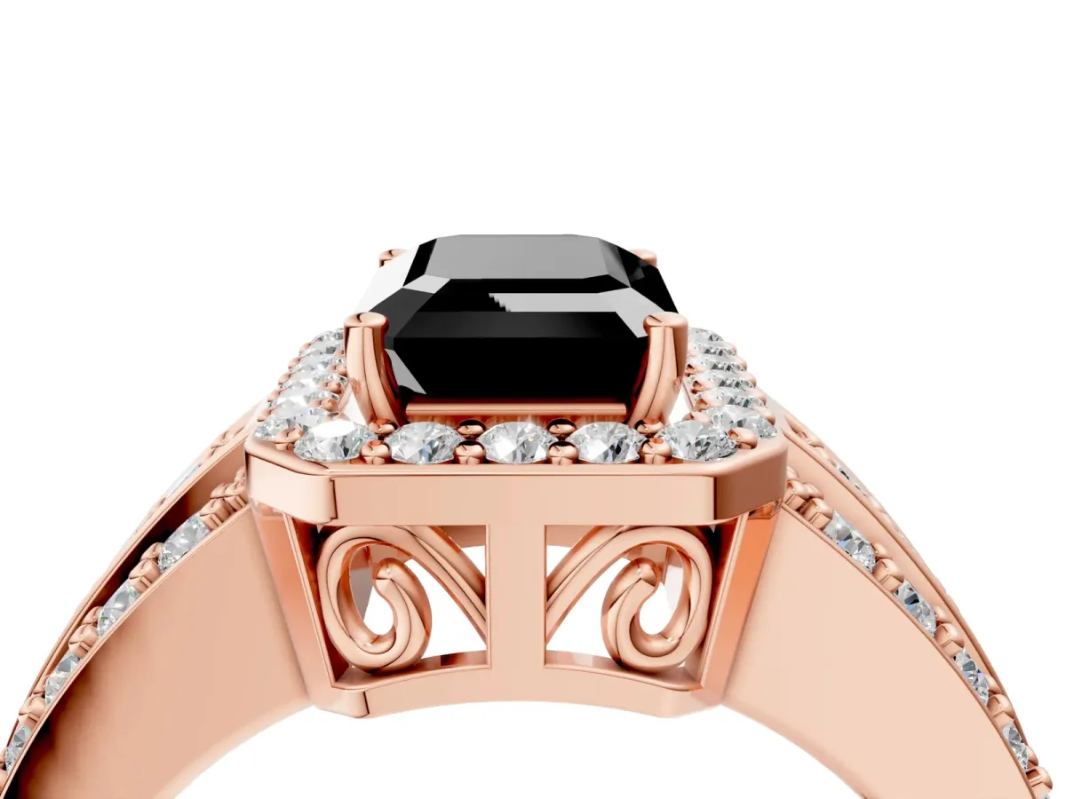 Fancy Black Emerald Cut Halo Diamond Ring with Round Split Shank and Prong Setting Rose gold