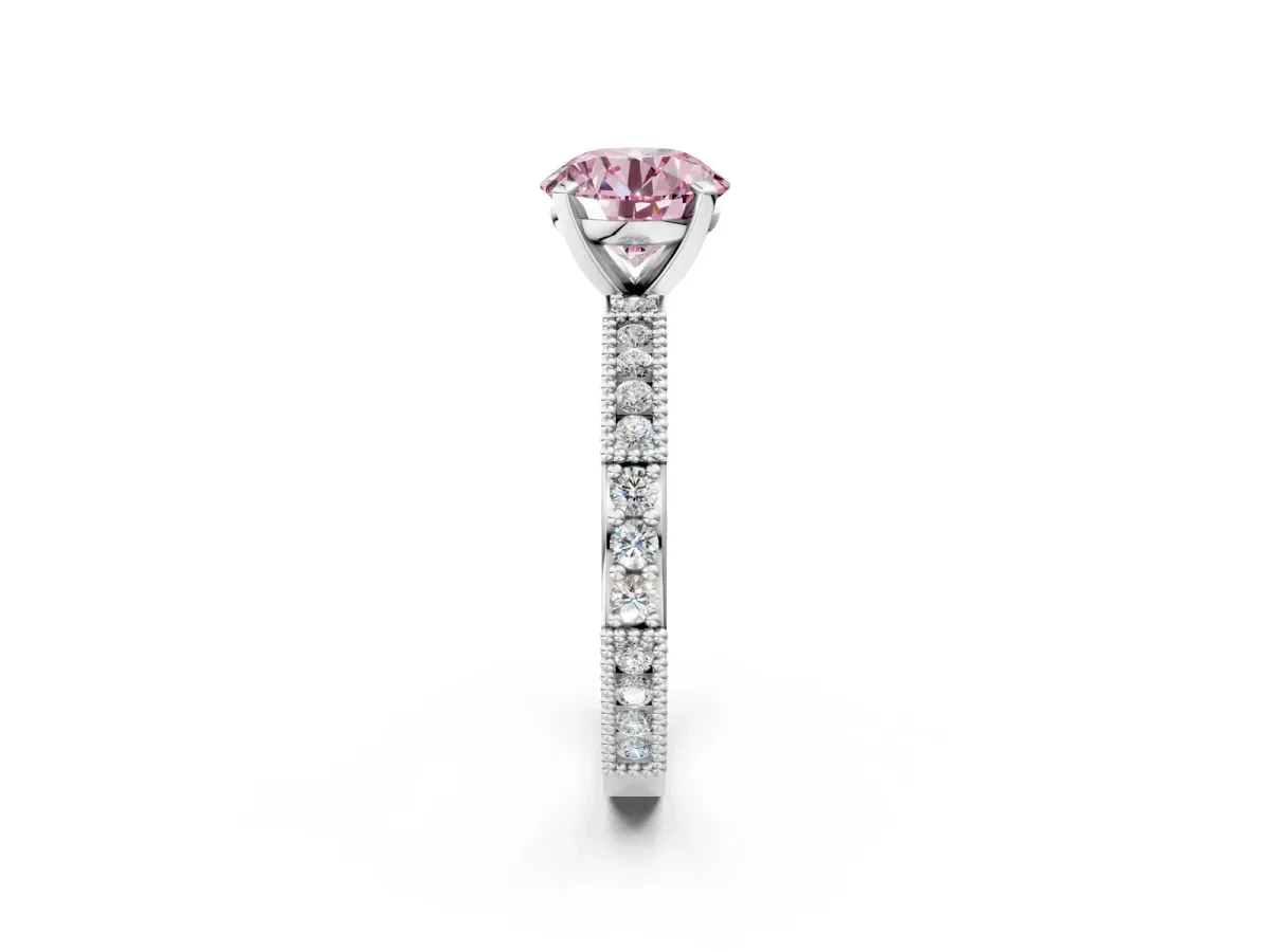 Fancy Pink Round Cut Solitaire with Pavé Band and Four-Prong Setting Silver