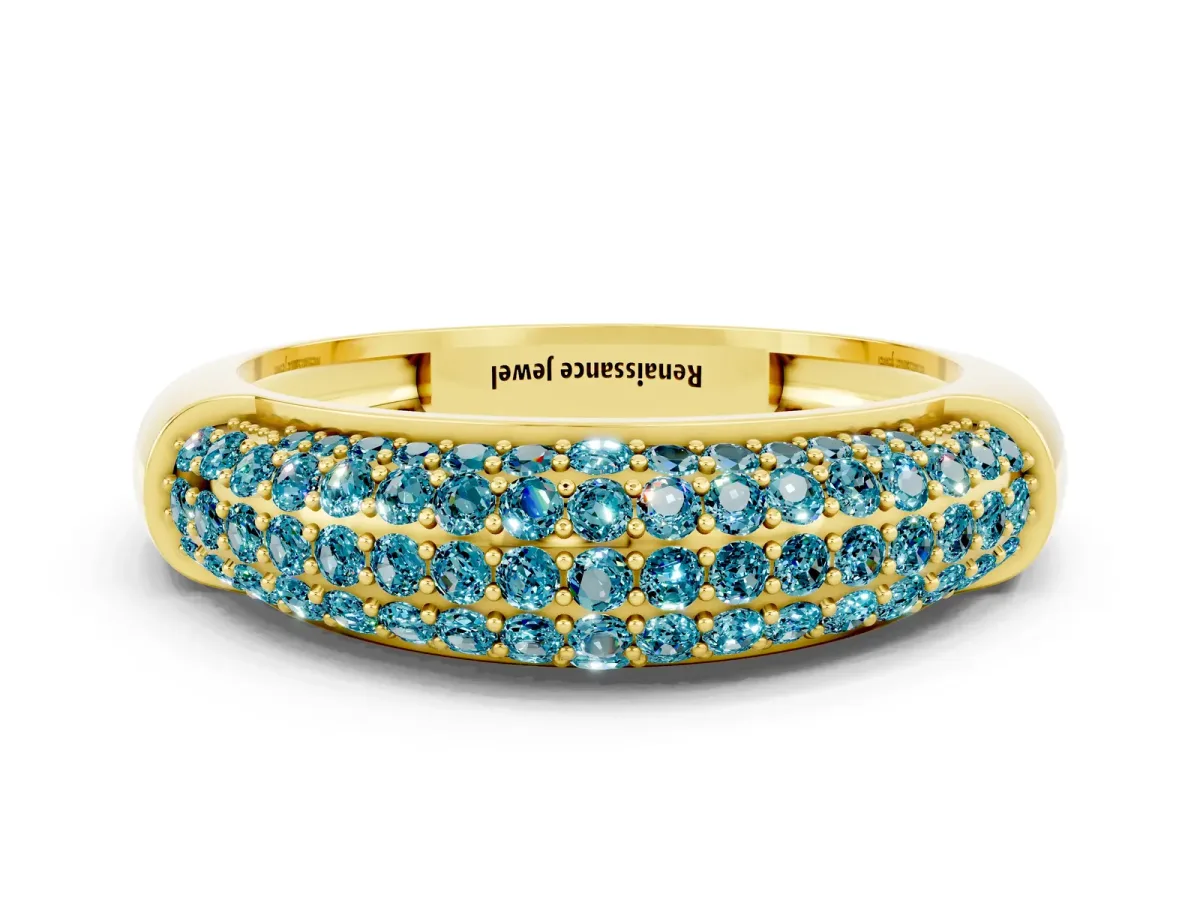 Three-Row Pavé Round Blue Topaz Dome Band Yellow gold